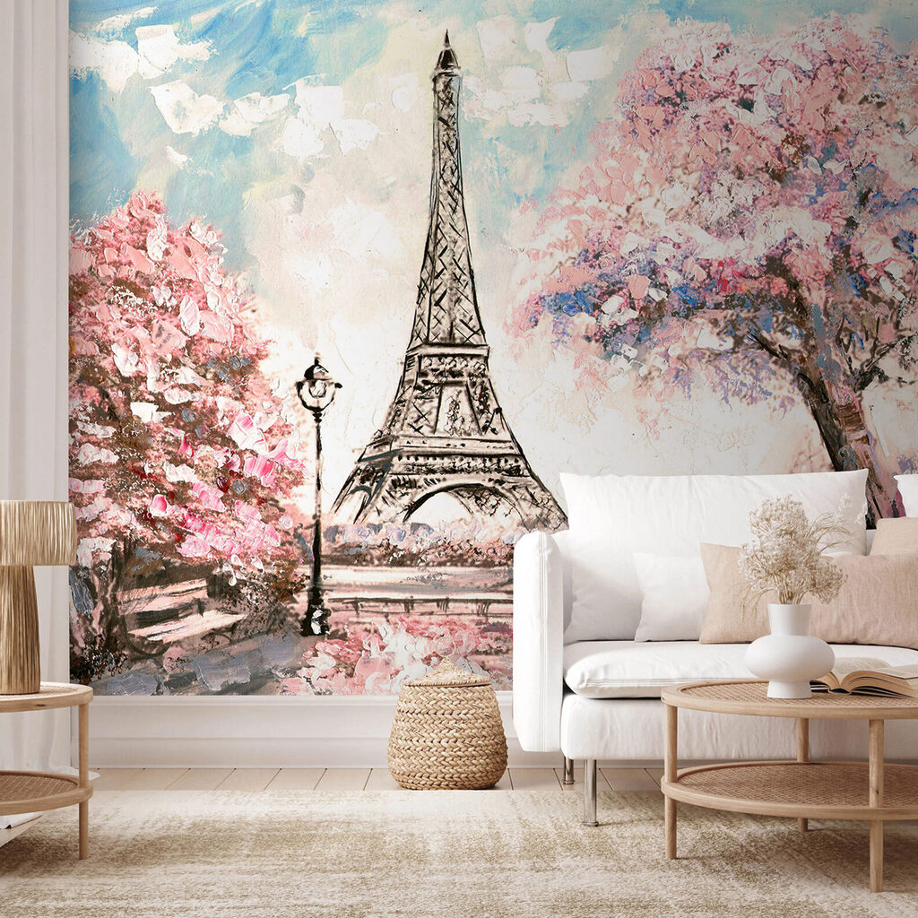 Painting of a tower with pink flowers Painting of a tower with pink flowers