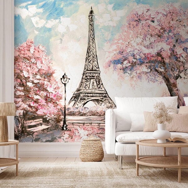 Painting of a tower with pink flowers Painting of a tower with pink flowers