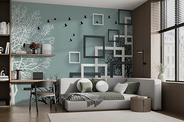 Wall mural with trees and birds flying Wall mural with trees and birds flying
