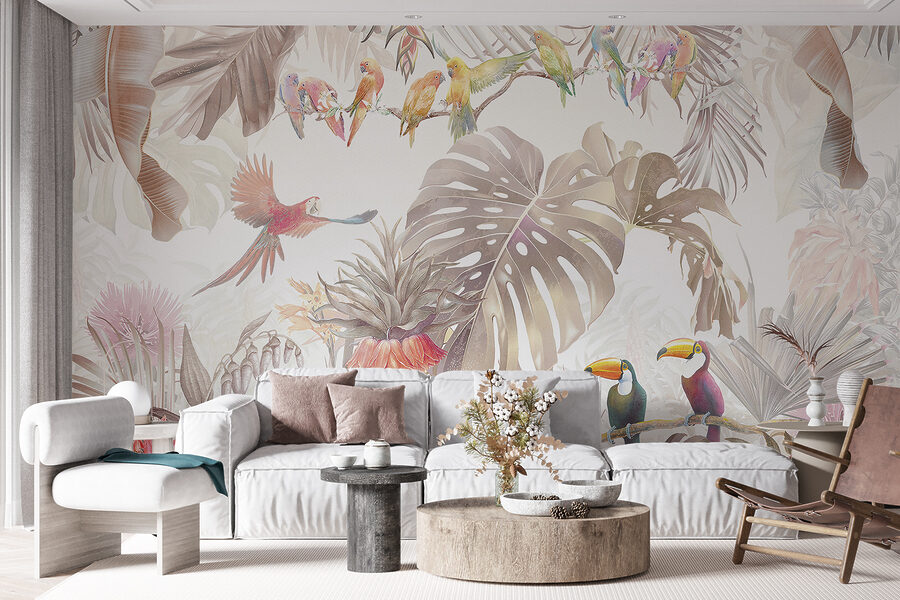 Group of birds on a branch surrounded by tropical plants Group of birds on a branch surrounded by tropical plants