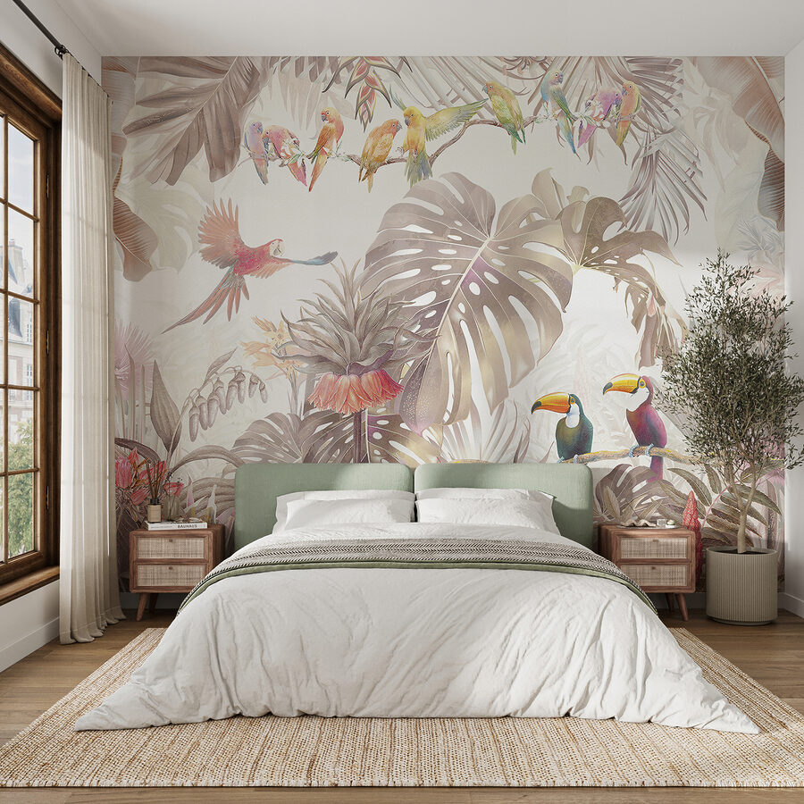Group of birds on a branch surrounded by tropical plants Group of birds on a branch surrounded by tropical plants