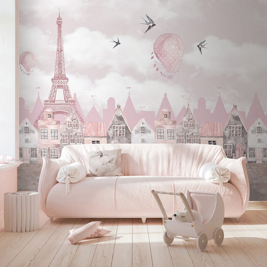 Pink and white cityscape with pink balloons and birds flying