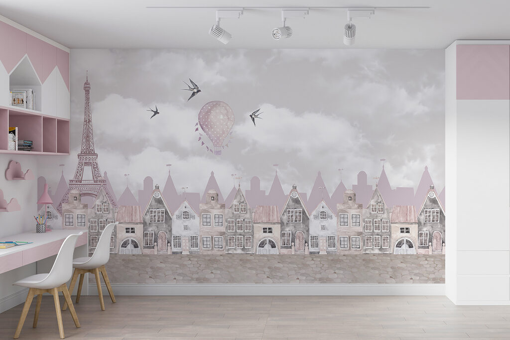 Pink and white cityscape with pink balloons and birds flying Pink and white cityscape with pink balloons and birds flying