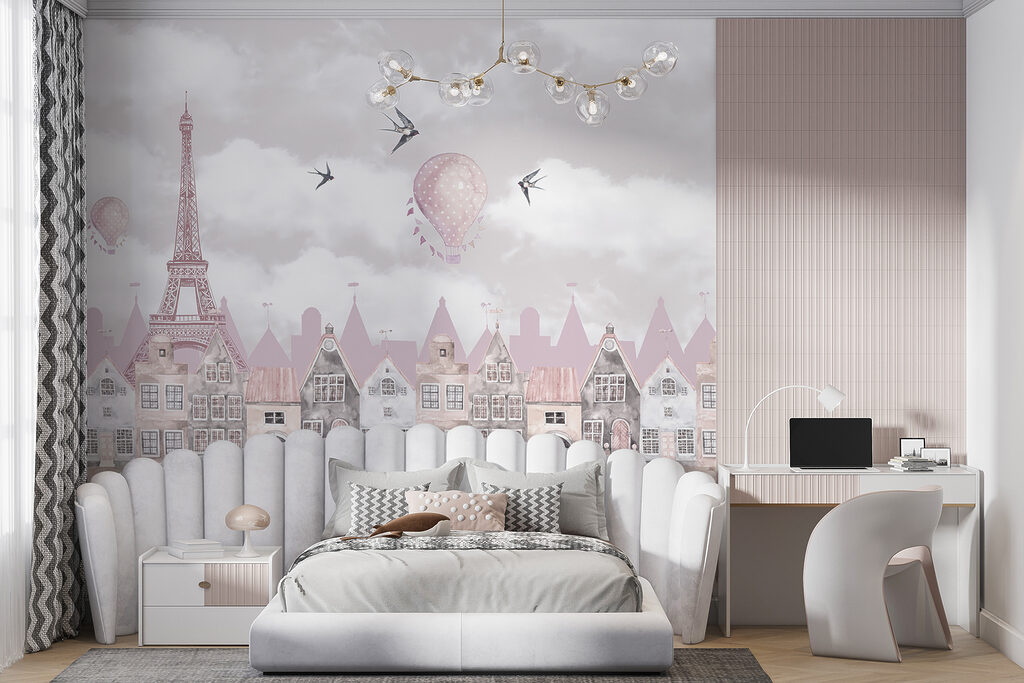 Pink and white cityscape with pink balloons and birds flying Pink and white cityscape with pink balloons and birds flying
