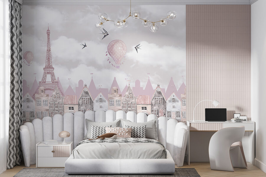 Pink and white cityscape with pink balloons and birds flying