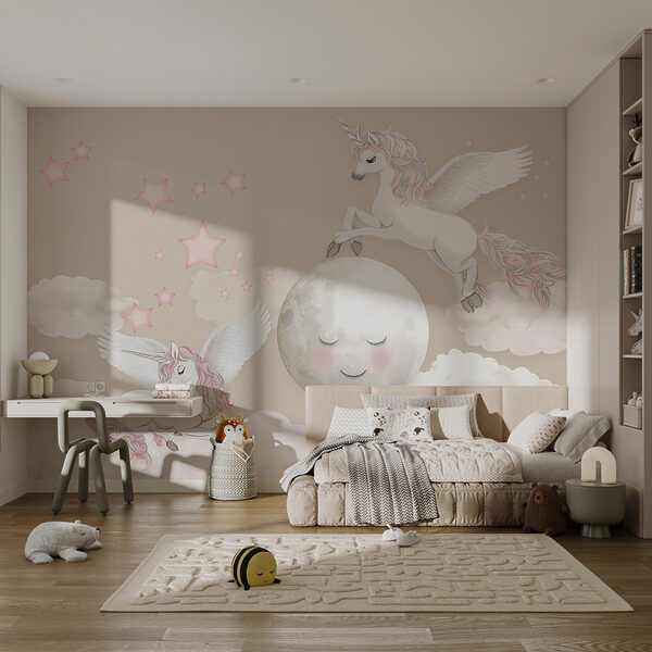 Group of unicorns flying on the moon Group of unicorns flying on the moon