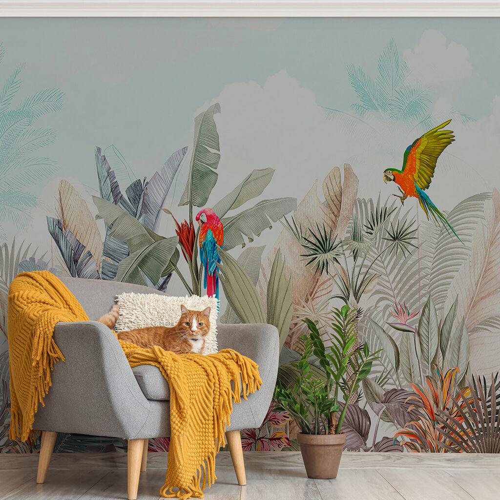 Wallpaper with tropical plants and birds