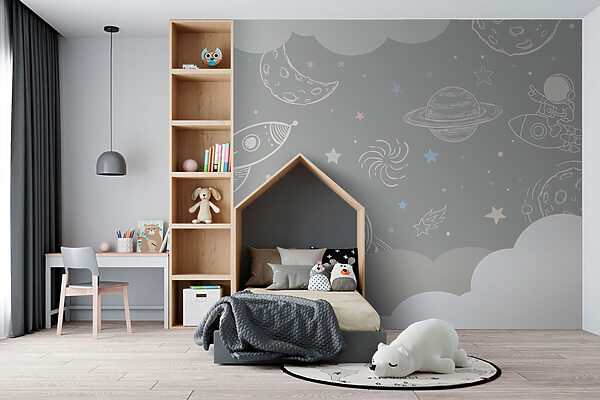 Grey background with clouds and rockets Grey background with clouds and rockets