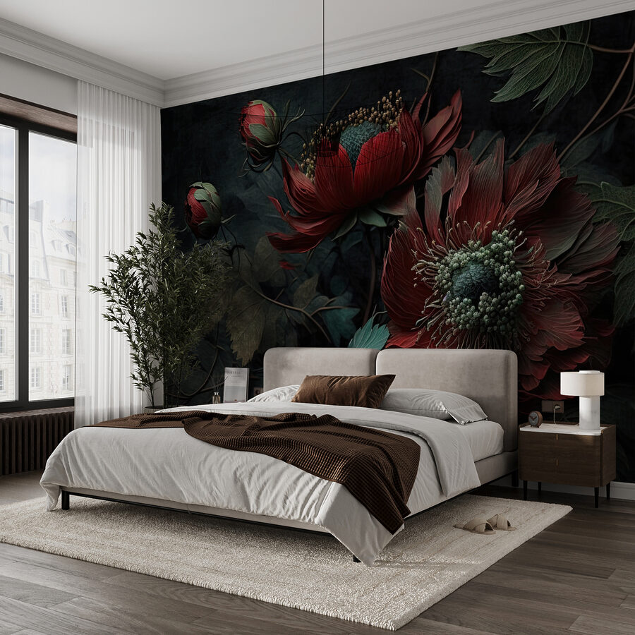 Dark blooms in a moody setting.