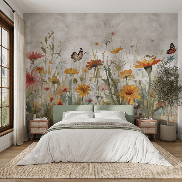Wall murals Butterfly flying over a flower field (SKU: u95406)