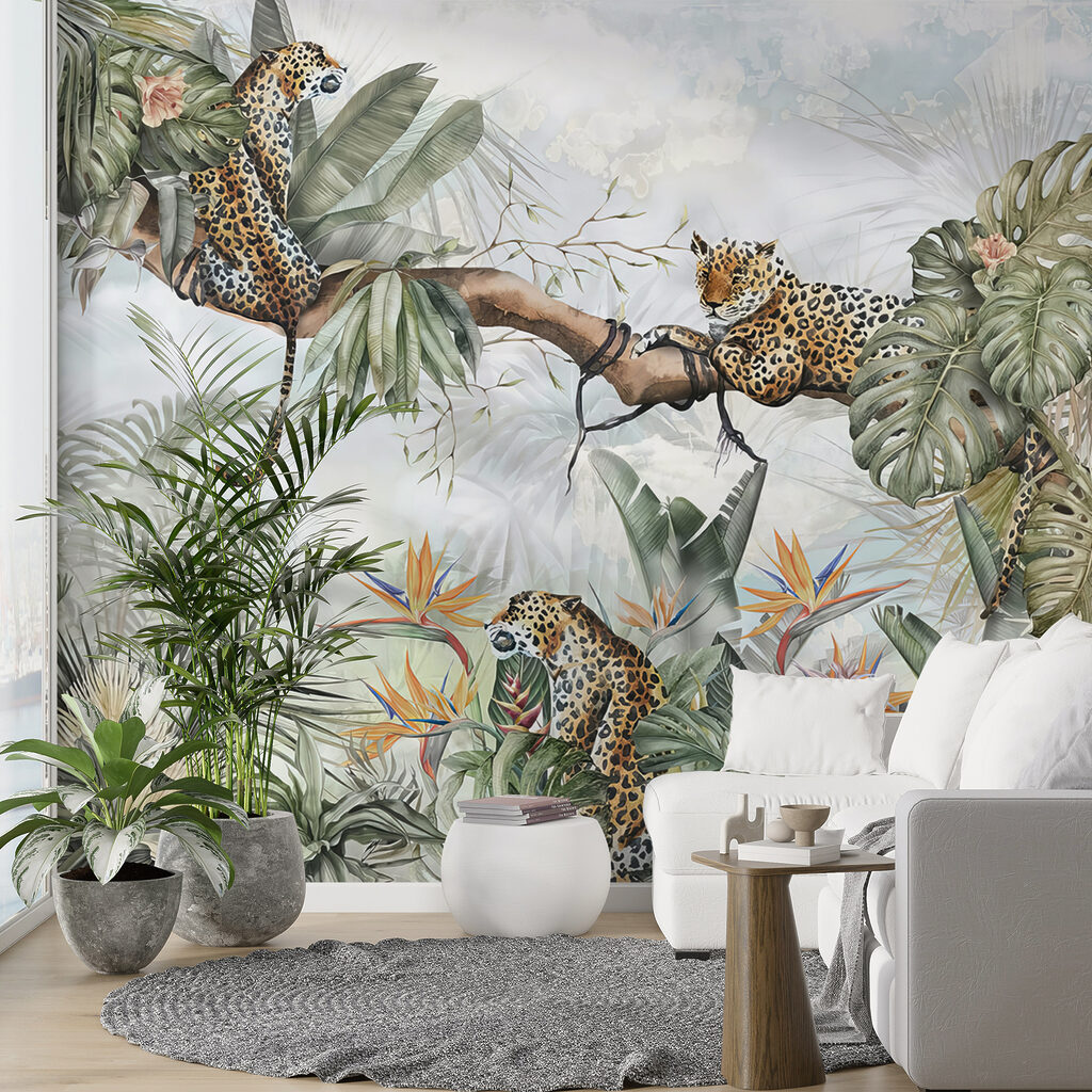 Painting of a group of cheetahs on a tree branch