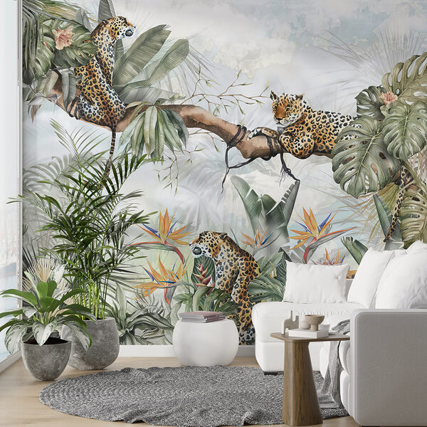 Painting of a group of cheetahs on a tree branch Painting of a group of cheetahs on a tree branch