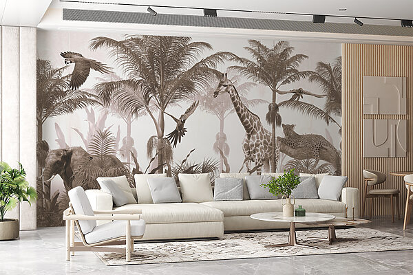 Giraffes and a parrot in a forest Giraffes and a parrot in a forest