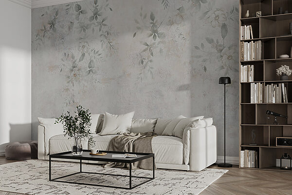 White wall with leaves and flowers White wall with leaves and flowers