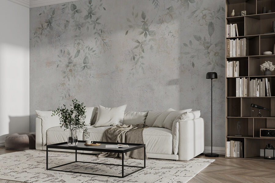 White wall with leaves and flowers White wall with leaves and flowers