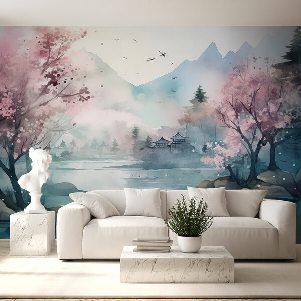 Watercolor painting of a lake with trees and mountains Watercolor painting of a lake with trees and mountains