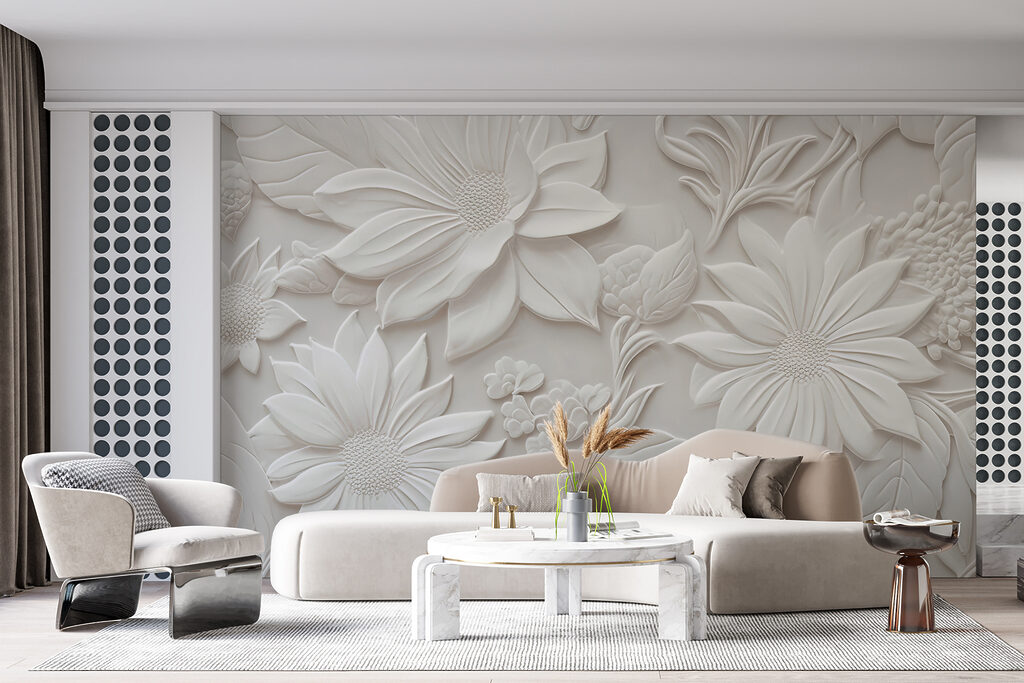 White wall with flowers and leaves
