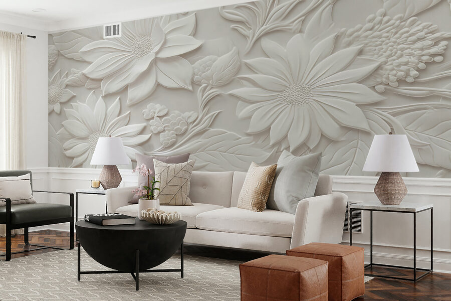 Wall murals White wall with flowers and leaves - Image 4