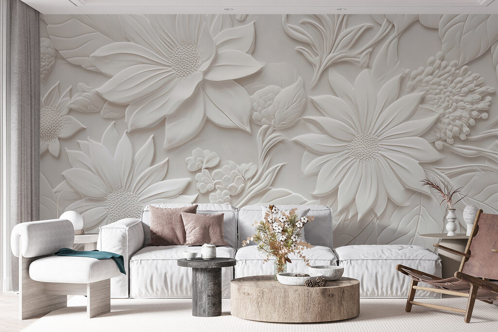 White wall with flowers and leaves