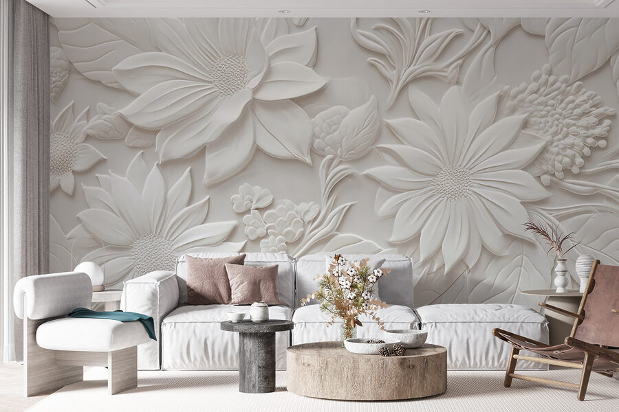 Wall murals White wall with flowers and leaves - Image 5