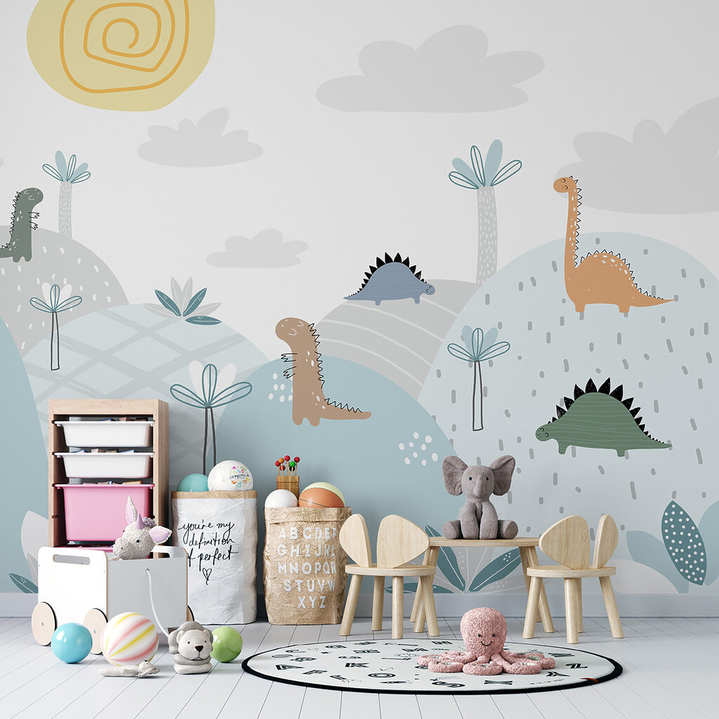 Cartoon of dinosaurs on a hill