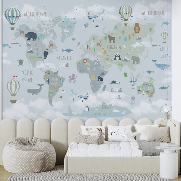 Map of the world with animals and birds Map of the world with animals and birds