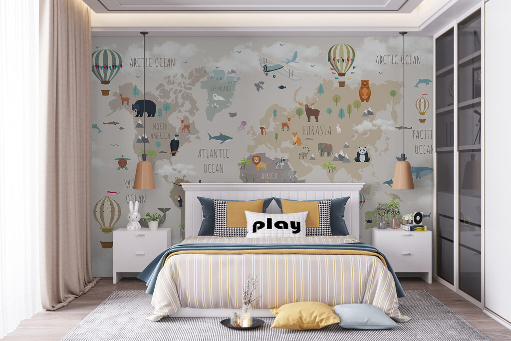 Map of the world with animals and birds Map of the world with animals and birds