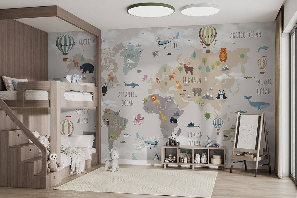 Map of the world with animals and birds Map of the world with animals and birds