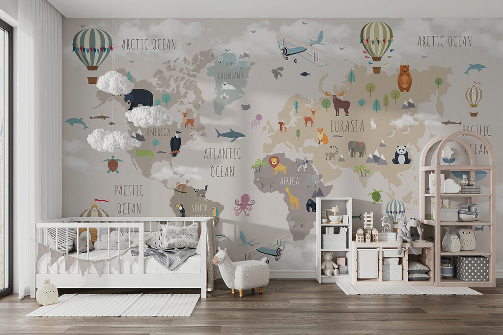 Map of the world with animals and birds Map of the world with animals and birds