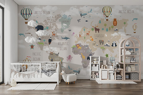 Map of the world with animals and birds Map of the world with animals and birds