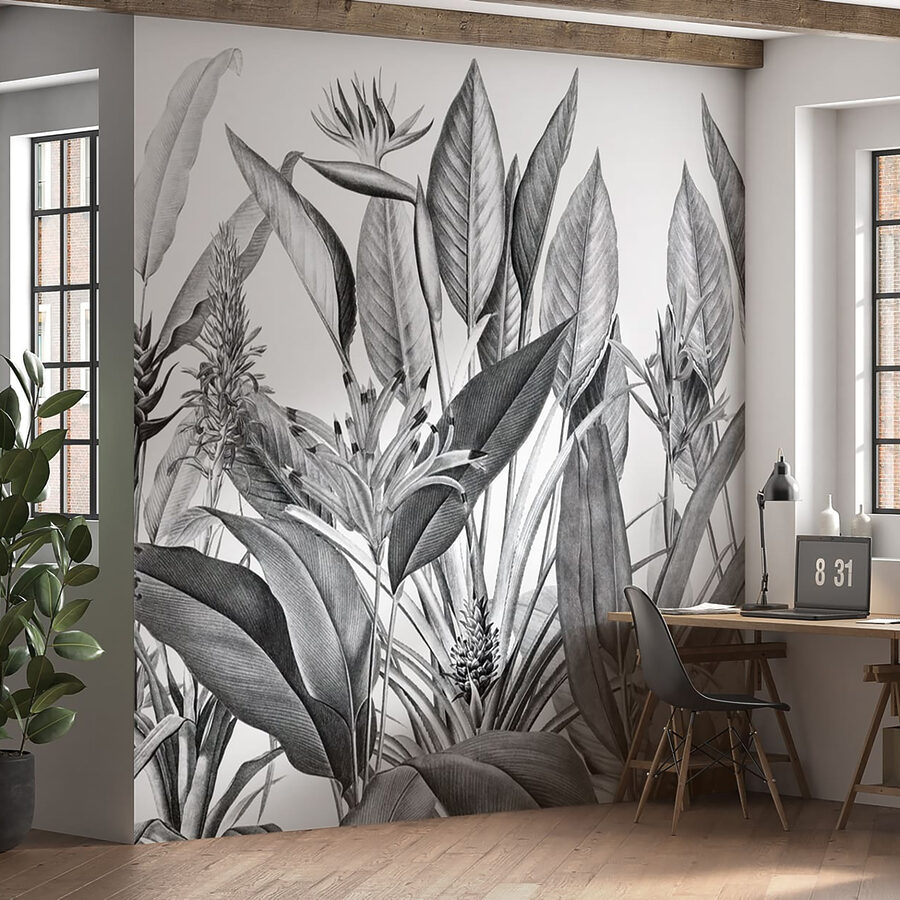 Tropical foliage in monochrome shades.