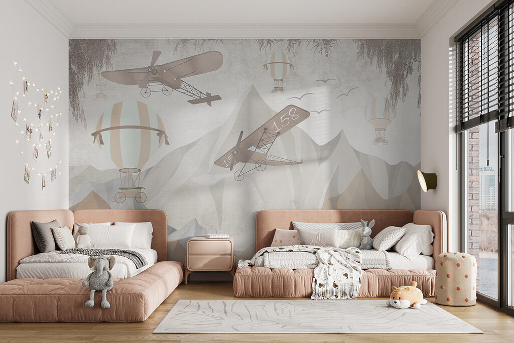 Painting of airplanes flying over mountains Painting of airplanes flying over mountains