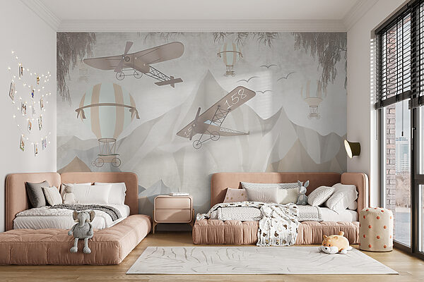 Painting of airplanes flying over mountains Painting of airplanes flying over mountains