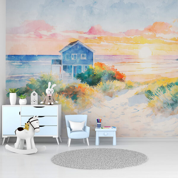 Watercolor painting of a house and a beach Watercolor painting of a house and a beach