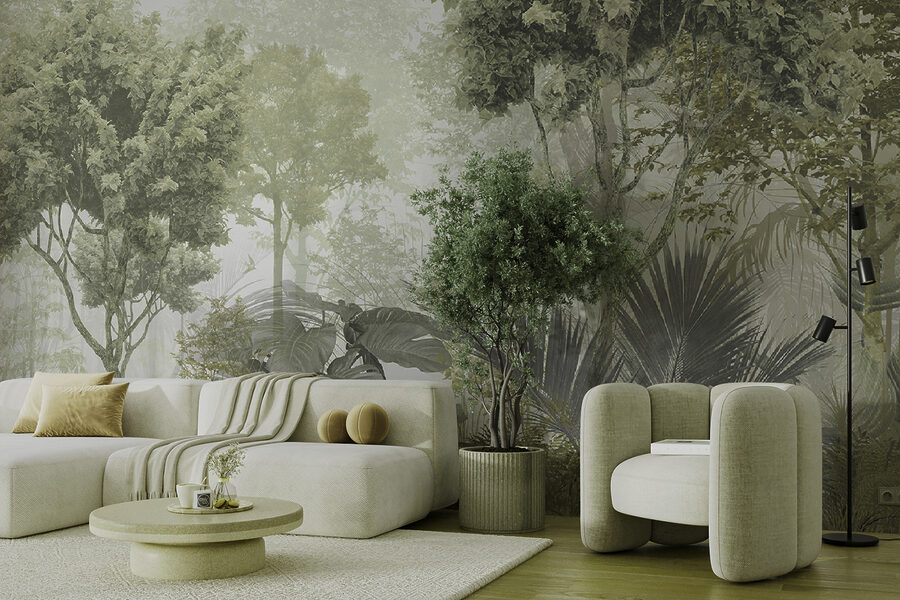 Wall murals A group of trees and plants in a foggy forest - Image 4