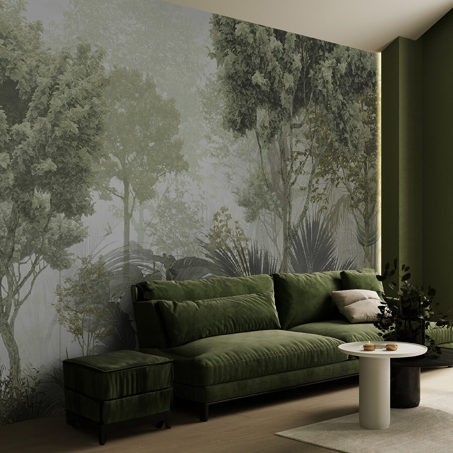 Wall murals A group of trees and plants in a foggy forest - Image 5