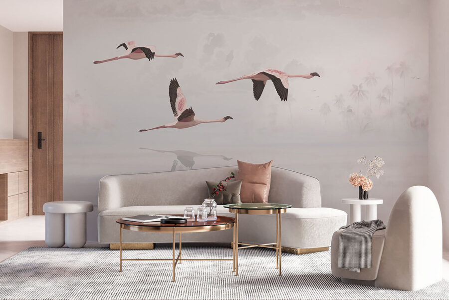 Wall murals A group of flamingos flying over water - Image 4