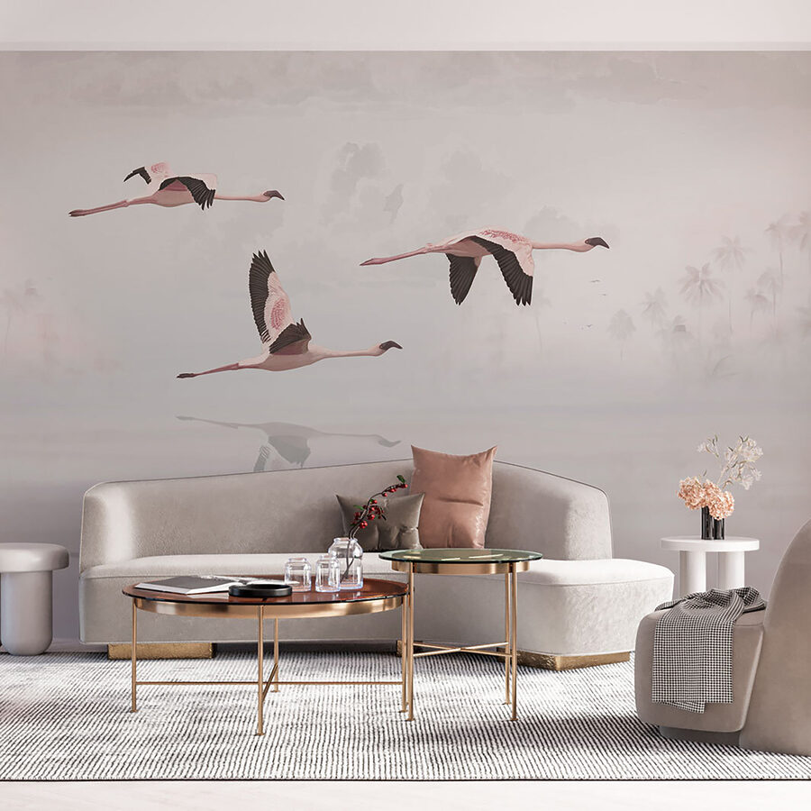Wall murals A group of flamingos flying over water - Image 5