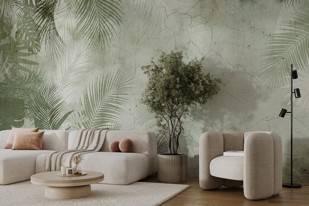 A wall with palm leaves