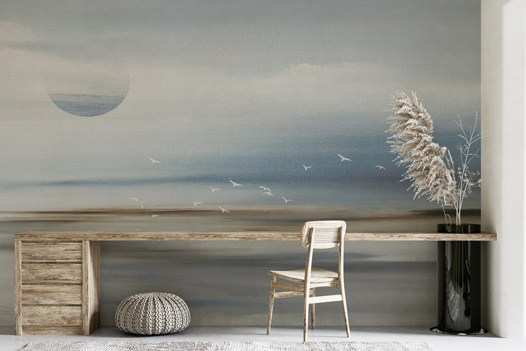 A landscape with birds flying over the horizon A landscape with birds flying over the horizon