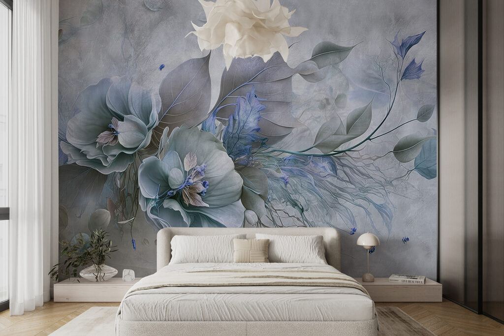 A painting of flowers and leaves