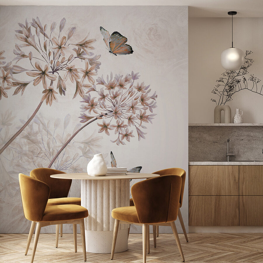 A painting of flowers and butterflies