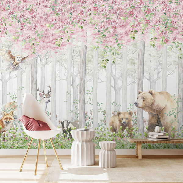 A painting of animals in the woods A painting of animals in the woods