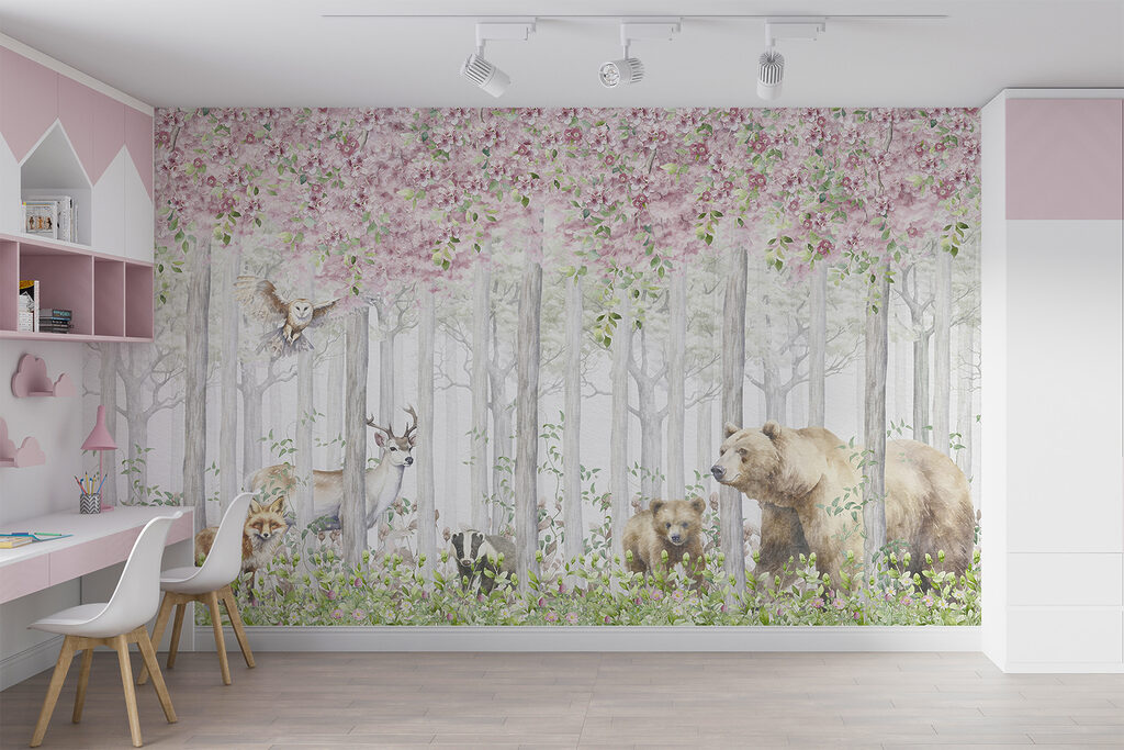 A painting of animals in the woods