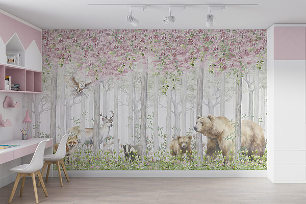 A painting of animals in the woods A painting of animals in the woods