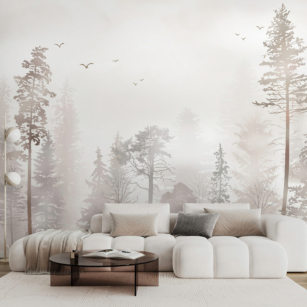 A group of trees in a foggy forest A group of trees in a foggy forest