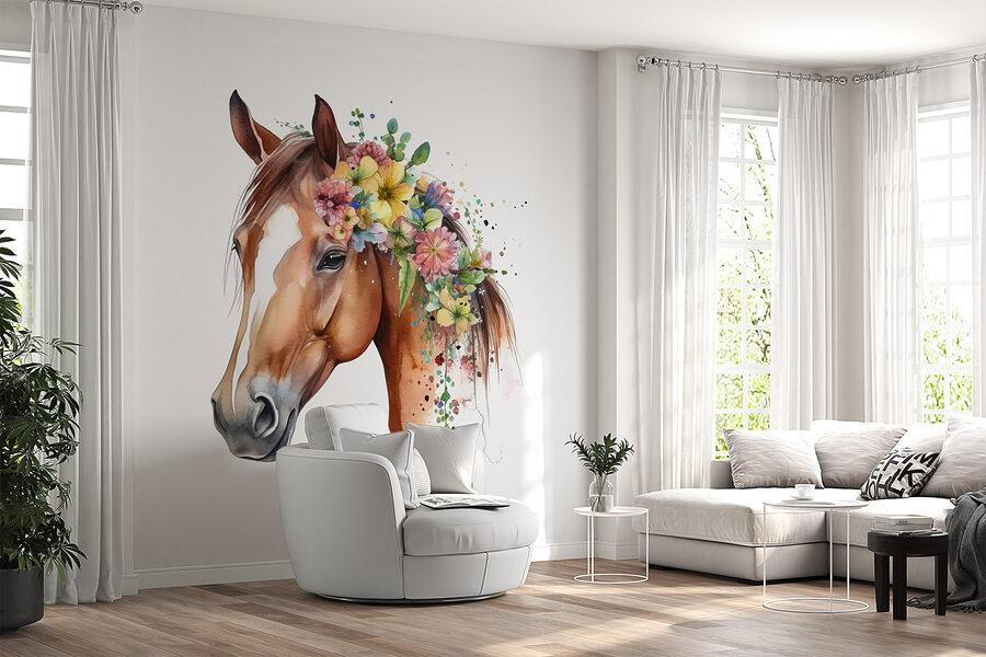 Wall murals A watercolor of a horse with flowers on its head - Image 4