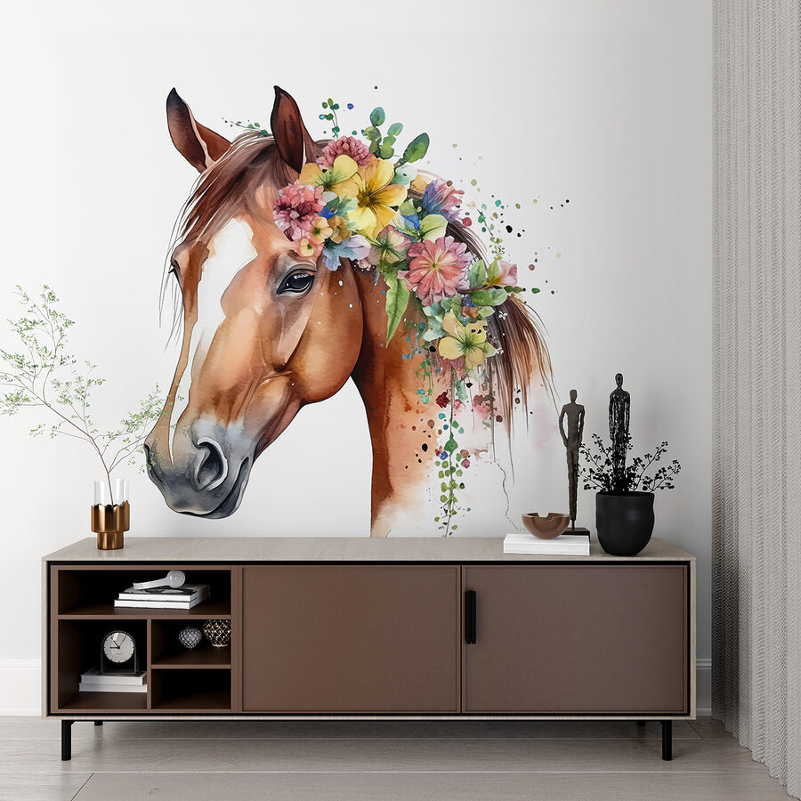 Wall murals A watercolor of a horse with flowers on its head - Image 5