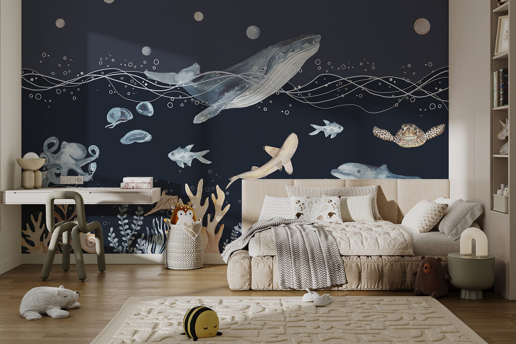 A watercolor of a whale and fish