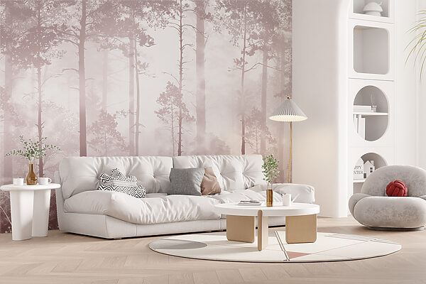 A foggy forest with tall trees A foggy forest with tall trees